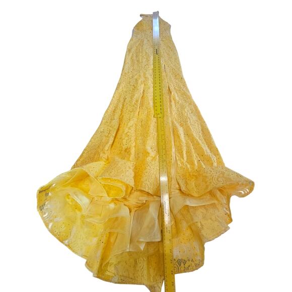 Sherri Hill Yellow Lace Ball Gown Prom Dress Long Slit Halter Neck Size 6 3973 - Picture 13 of 14